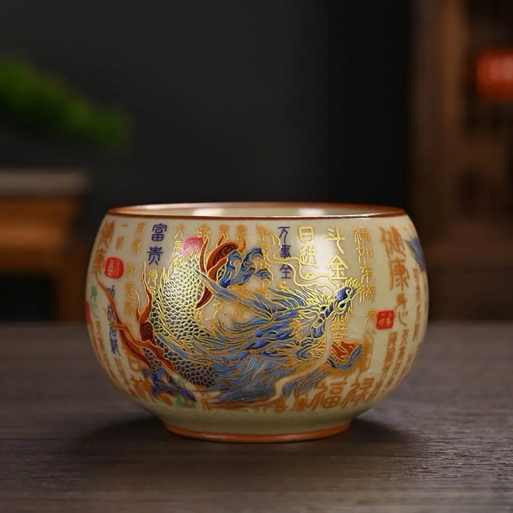 Handmade Ancient Ruyao Ceramic Dragon-Phoenix Teacup - Master-Level Ruyao Dragon-Phoenix Design, Animal Motifs, High-End Traditional Chinese Craftsmanship, All-Seasons Tea Set Component, Premium Kitchenware Tea & Coffeeware