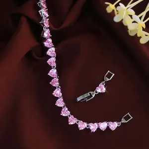 Romantic Pink Heart Cube Zirconia Bracelet—Sparkling Jewelry for Dates Party Weddings and Dances; Also An Excellent Choice for Gifts on Birthdays Anniversaries Valentine’s Day Mother’s Day and Holidays