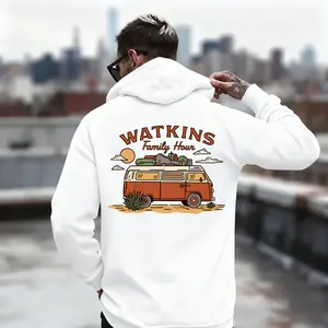 Menswear Long "Watkins Family Hour" Vintage Van Graphic Hoodie - Denim-Cotton-Polyester Fabric, Ribbed Hem, Minimalist Slimming Comfy Fit, Aesthetic Boho Vibe, Ideal for Music Lovers, Casual Urban Wear | Retro-Seeker Essential