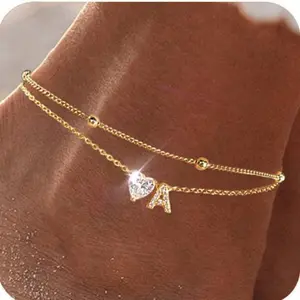 Ankle Bracelets for Women Waterproof 14K Gold Plated CZ Initial Anklet for Women Dainty Layered Letter Heart Ankle Bracelets Handmade Adjustable Foot Chain Anklet Summer Beach Jewelry