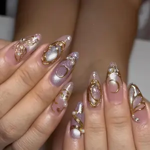 Custom Pink Purple Cat Eye Press on Nails with 3D Gold Wire Butterflies, Rhinestones Pearls, Almond Shape, Luxury & Dreamy Nail Art