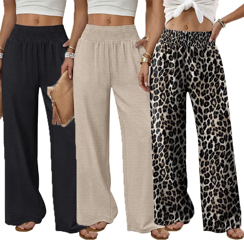 Women Smocked High Waist Wide Leg Pants Casual Palazzo Pants Breathable Plain Loose Straight Leg Pant Flowy Trousers With Pockets Summer Pants for Travel, Gym, Lounge &Everyday Wear