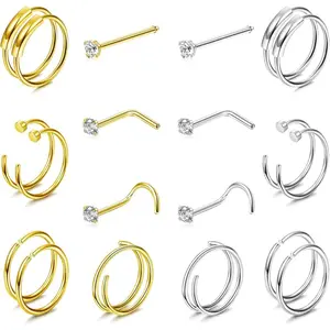 Jstyle 20count 22G 20G 18G Surgical Steel Nose Rings Hoop Studs Double Hoop Ring Cartilage Earrings Body Piercing Jewelry 1.5mm 2mm 2.5mm CZ Daily