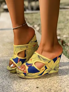Summer 2026 New Fish Mouth Thick Sole Wedge Sandals, Hollow Out Print Slip-On Big Size Cool Slippers, Sexy Heeled High-Heel Shoes
