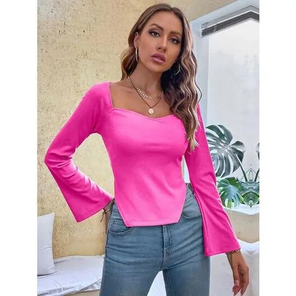 Slit Sweetheart Neck Flare Sleeve T-Shirt