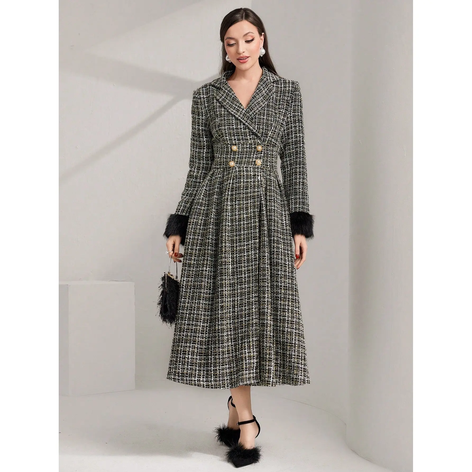 Look Time Life Modely 1pc Plaid Pattern Fuzzy Cuff Lapel Neck Double Breasted Tweed Overcoat