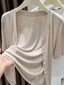 Women's V-Neck Short Sleeve Knit Cardigan, Single Button Design, Comfortable Casual Wear, Perfect for Daily Use, Womenswear Knitwear