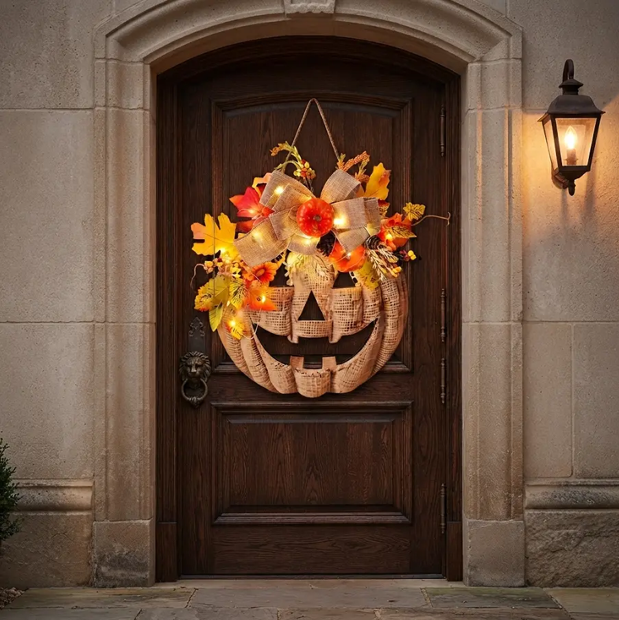 Lighted Burlap Pumpkin Wreath for Front Door - Pre-Lit Rustic Lantern Hanging Sign with Warm LED Fairy Lights, Autumn Fall Maple Leaves & Buffalo Bow, Indoor Outdoor Holiday Party Porch Farmhouse Home Wall Decor, Material Wood/Foam/Plywood/Plastic