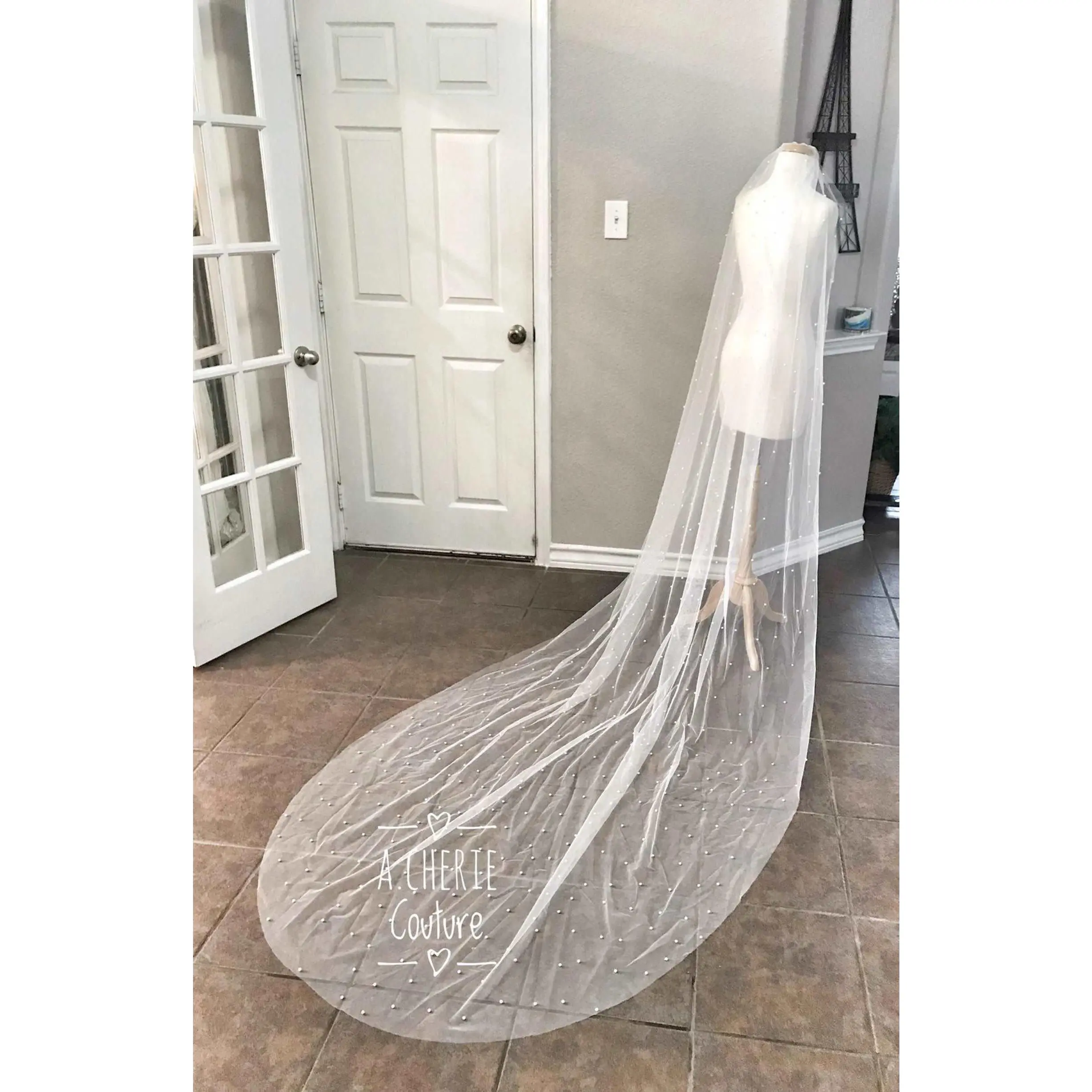 Women's Scattered Pearl Beaded Cathedral Trailing Veil - Tulle Fabric, Long-Length, Made-to-Order, On Sale