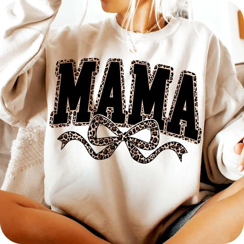 Mama Leopard Coquette Bow Sweatshirt, Varsity Mama Design, Retro Mama Shirt Graphic, Gift For Mom