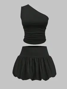 Two-Piece Set Women's Solid Color Crop Tank Top & Bubble Skirt Set, Casual Sleeveless Top & Skirt, Ladies Summer Clothes for Beach Holiday Vacation