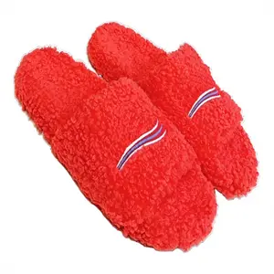 Women's Bright Red Curly Fuzzy OpenToe Slide Slippers Striped Embroidered Plush Warm Indoor Slides Soft Comfy NonSlip Casual Home Bedroom Footwear Fashion Winter House Shoes