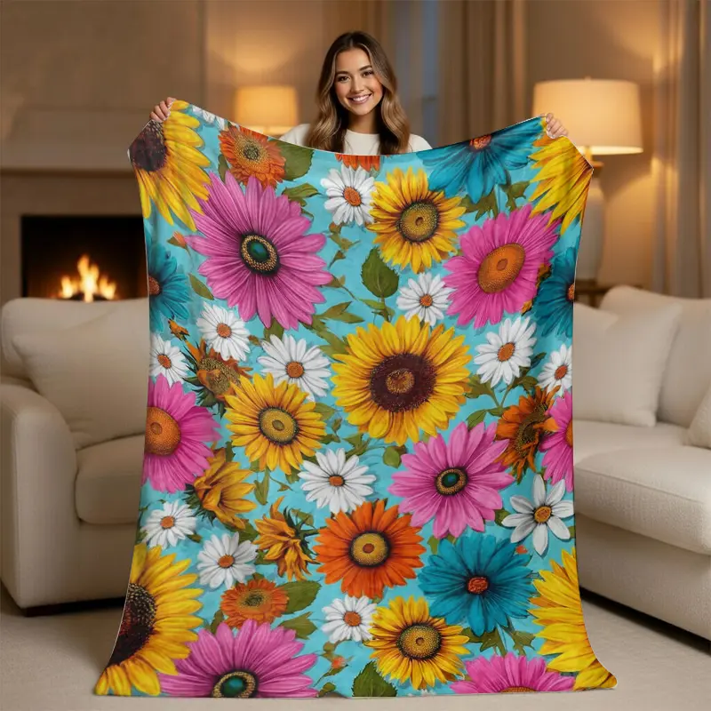 Aesthetic Vibrant Sunflower Flannel Flower Blanket - Colorful Afghan Daisy Decorated Blanket, Soft Dopamine Room Accent, Cute Colorful Gift for Flower Lovers, Flower Blankets, Colorful Afghan Blankets