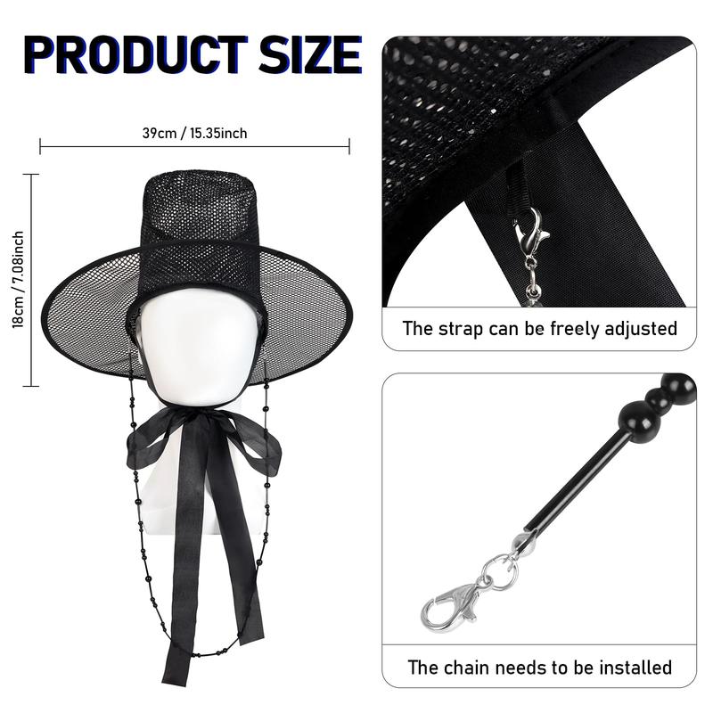 Korean Gat Hat Cosplay Accessory – Traditional Joseon Dynasty Black Mesh Hat with Beaded Chains & Ribbon | Kpop Idol Style Costume Hat for Men, Party & Stage Performance Womenswear Clothes