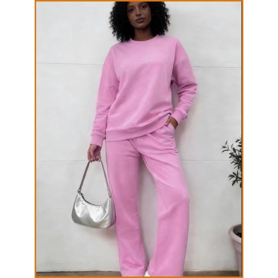 Women's Pink Cotton Crewneck Sweatshirt Set – Casual Pullover Hoodie & Jogger Pants 2 Piece Loungewear Set