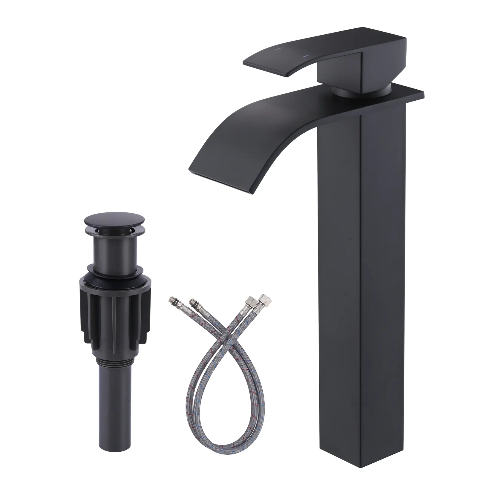 WOWOW Vintage Glam Indoor Vessel Sink Faucet - Matte Black Stainless Steel, Tall Vessel Design, Single Hole, Single Handle, Waterfall Flow, Temperature Control, Easy Install, Popup Drain, Included Hoses, cUPC Supply Lines, 3/8 Female Compression Thread