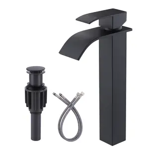 WOWOW Vessel Sink Faucet Matte Black: Single Hole Tall Bathroom Faucet, Single Handle Tall Waterfall Bathroom Faucet with Pop Up Drain and cUPC Supply Lines
