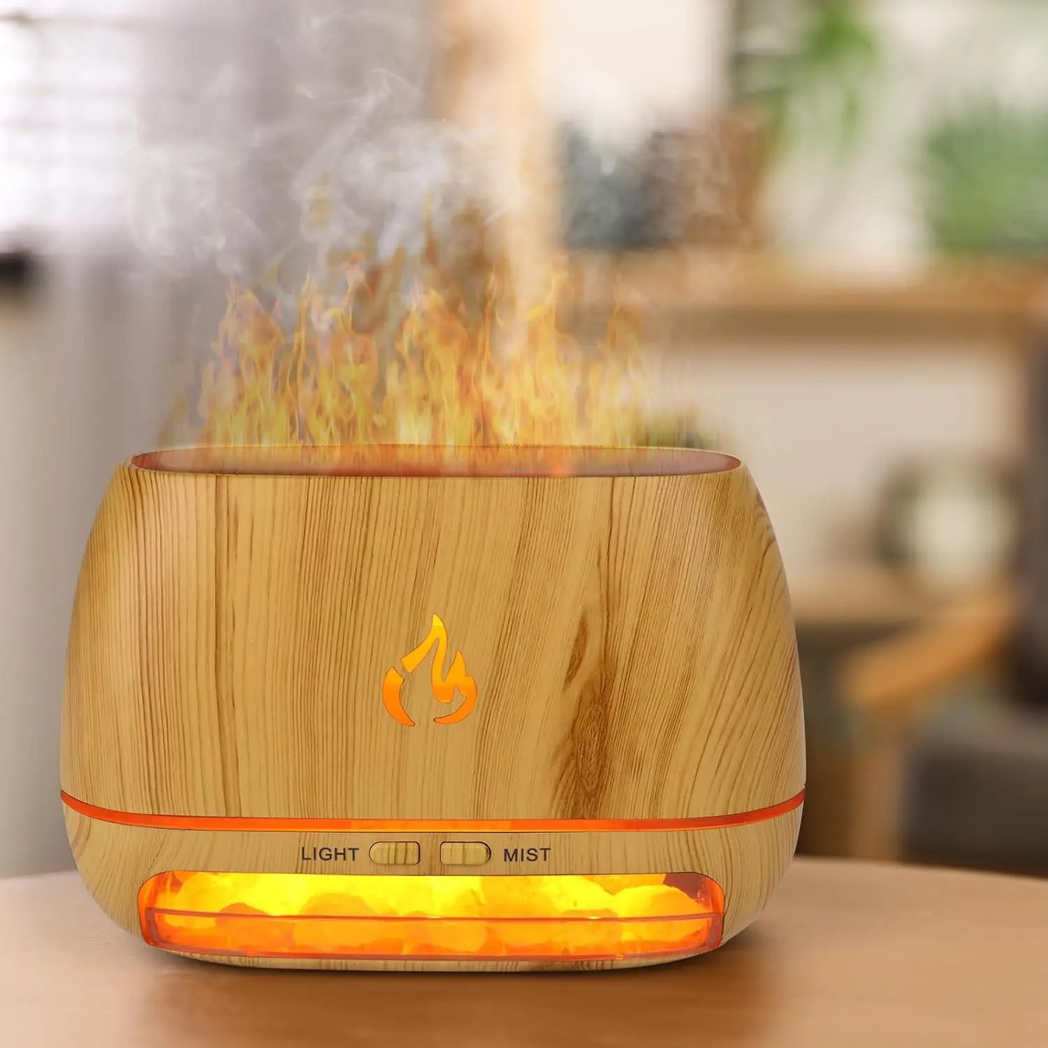 3-In-1 Himalayan Salt Rock Scent Diffuser, Ultrasonic Essential Oil Diffuser, Simulation Flame Diffuser, 7 Colors Changing Oil Diffuser, Wood Grain Aroma Diffuser 200Ml   