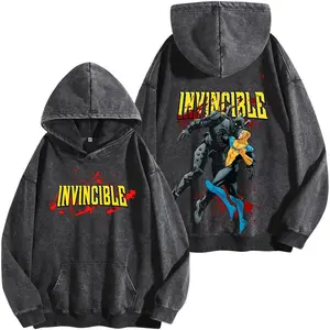 Dark Comic Battle Graphic Hoodie Washed Oversized Streetwear Heavyweight Cotton Vintage Fan Style Sweatshirt