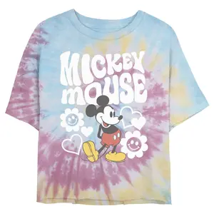 Juniors Womens' Mickey & Friends Groovy Hearts and Smilies Logo White Cropped T-Shirt