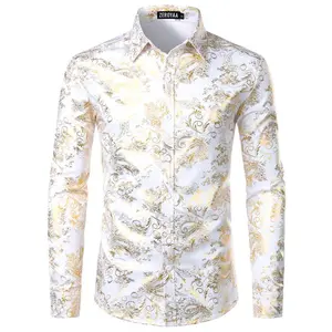 Men’s luxury paisley shirt — shiny printed button-up party/ball casual elegant V-neck long-sleeve top, black men’s wear fabric, ideal as a Father’s Day gift for boyfriend or dad (GARMENTARY)