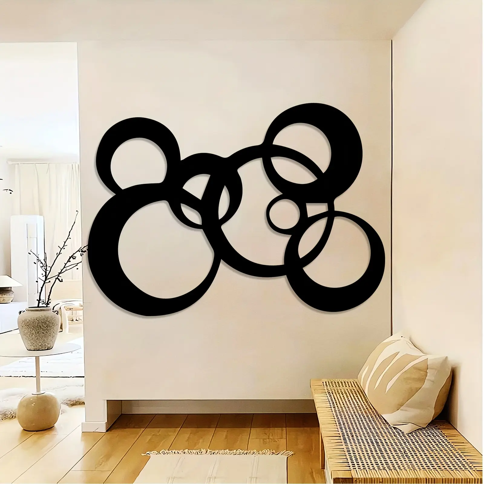 1 piece oversized modern black and white metal wall decoration, Modern home decoration, iron structure, simple interlocking ring design, large circular abstract sculpture, suitable for home, offices, easy to install, Christmas gift creativity