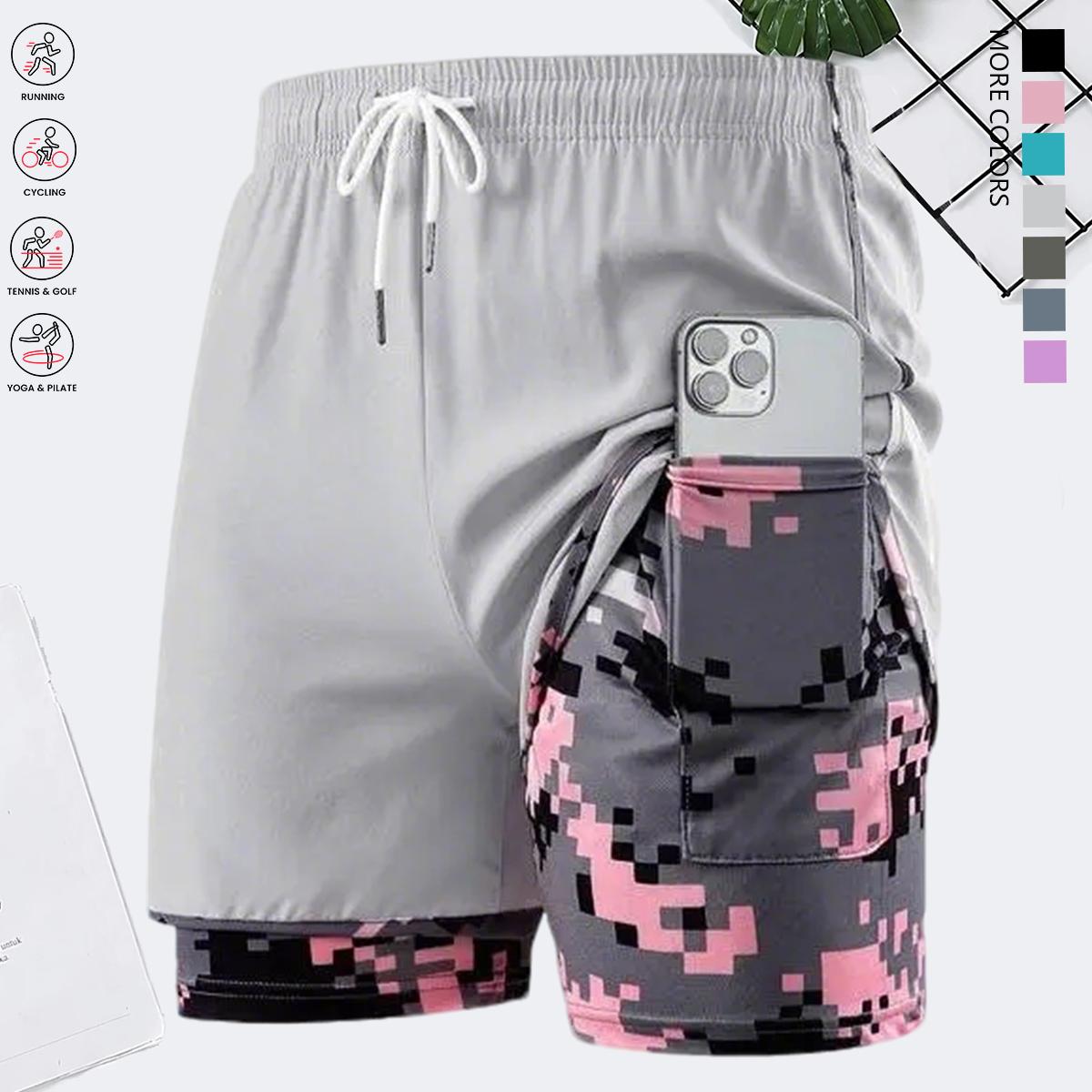 Women’s summer shorts: double-layer faux two-piece mid-length shorts; camouflage women’s shorts; polyester–spandex knit fabric shorts; breathable, quick-drying compression base layer shorts; elastic waistband with drawstring; side mesh pockets; suitable f