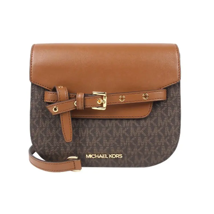 Women's Michael Kors Emilia Classic Monogram Leather Crossbody Bag - Brown, Adjustable Strap, Multi-Compartment, Casual Design