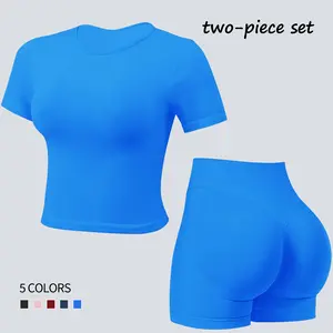 Jetjoy Womens Workout Sets 2 Piece Gym Sets for Women 2 Piece Seamless Short Sleeve Tank Top Hidden Scrunch Shorts athleisure Fitness & Casual Wear Yoga Outfits Gym Tracksuit summeroutfit