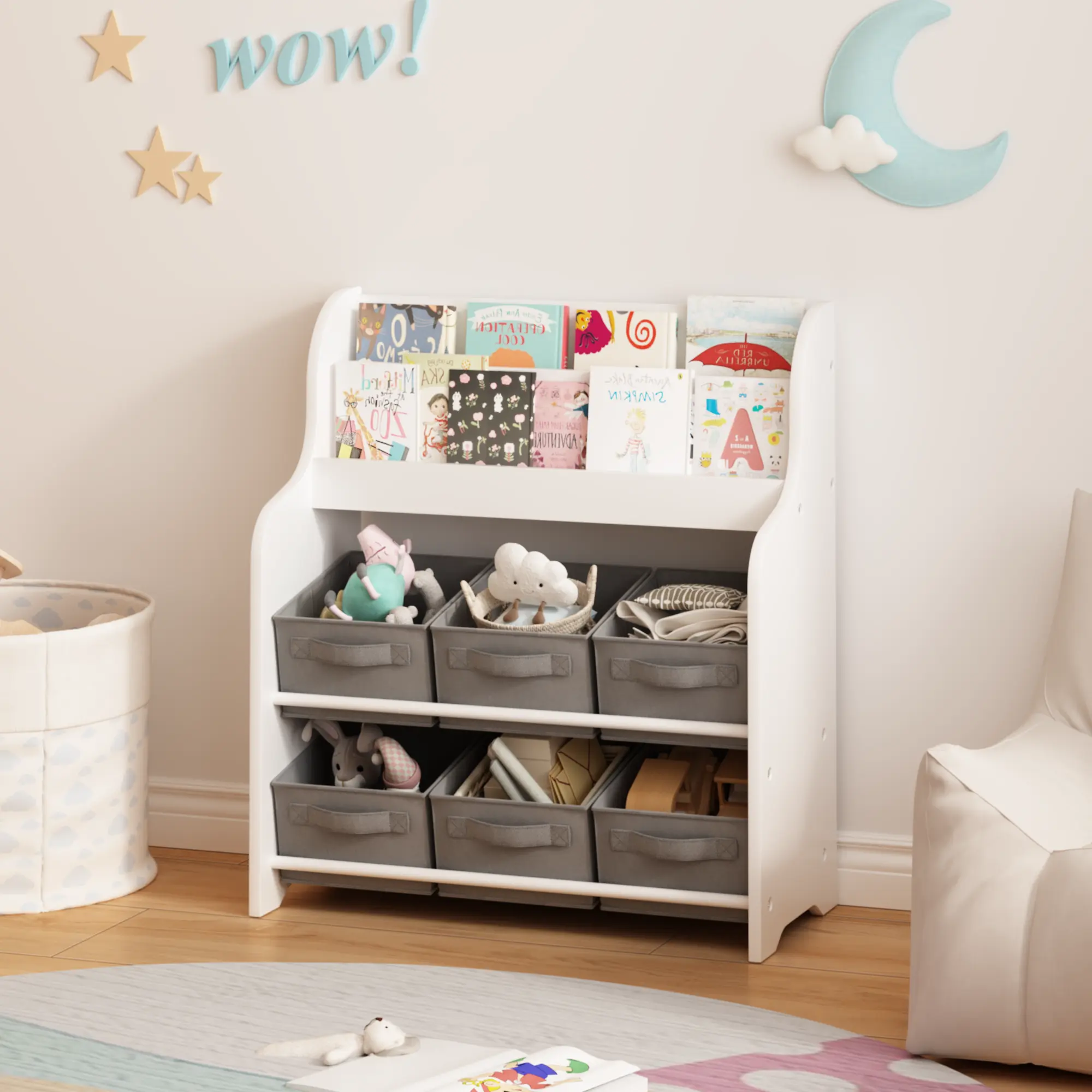 Montessori Multi-Functional Cubby Shelf - Modern 24.8" Wide Engineered Wood 3-Tier Front-Facing Display, 6 Detachable Fabric Bins, 16.98 lbs, 11.8x27.95 in Baby Nursery Kids Room Toy Organizer