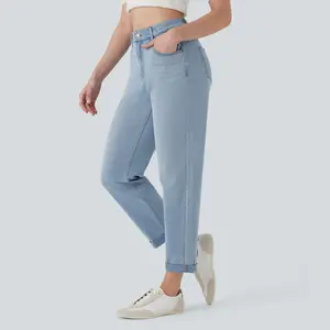 Halara Flex Mid Rise Straight Leg Washed Stretchy Knit Casual Jeans with Multiple Pockets