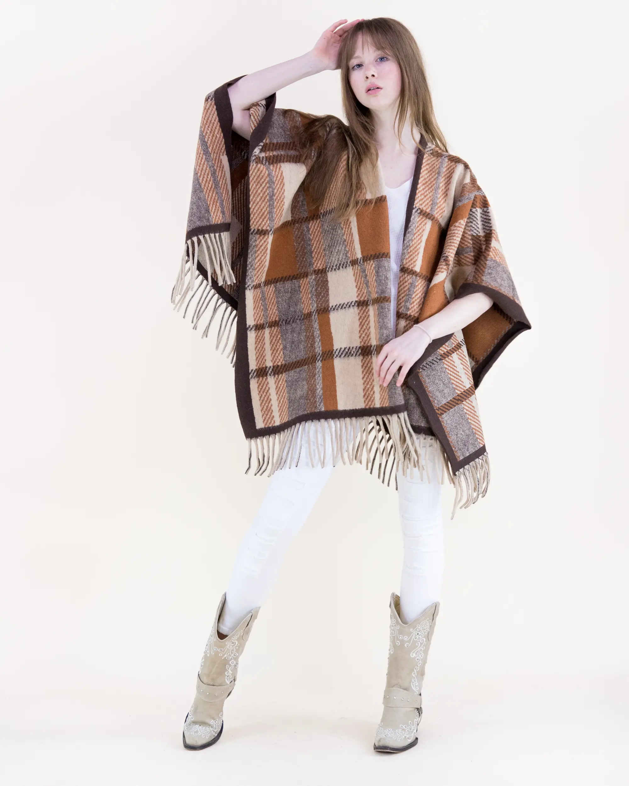 Plaid Fringed Shawl Poncho, Open-Front Scarf Wrap Blanket