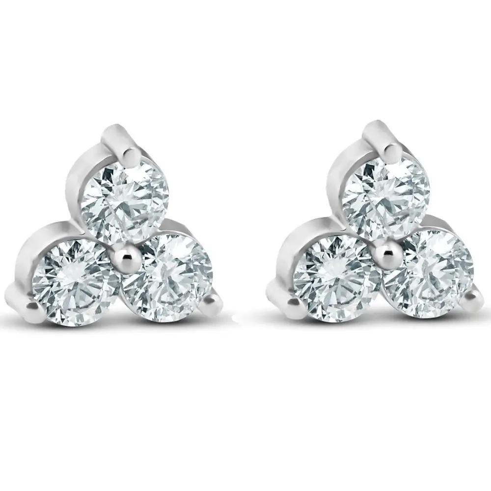 1ct Lab Grown Diamond 3 Stone Studs Womens Earrings 14K White Gold