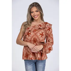 Take A Message Women's Ruffle One Shoulder Long Sleeve Top