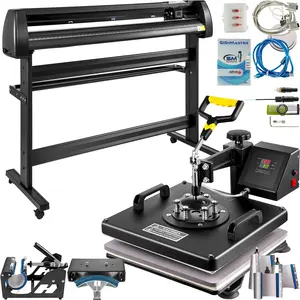8-In-1 Heat Press 15x15 Inch Sublimation Machine Plus 53-Inch Vinyl Cutter Plotter Cutting System for T-Shirts, Mugs and Garments, Heat Transfer DIY Craft Tool, Professional Grade Combo