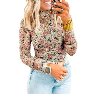 Retro Floral Print Mock Neck Mesh Regular & Plus Size Long Sleeve Top