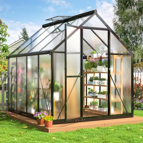 6x7 FT Polycarbonate Greenhouse with Quick Setup Structure and Roof Vent, Aluminum Walk-in Greenhouse for Outside Garden Backyard