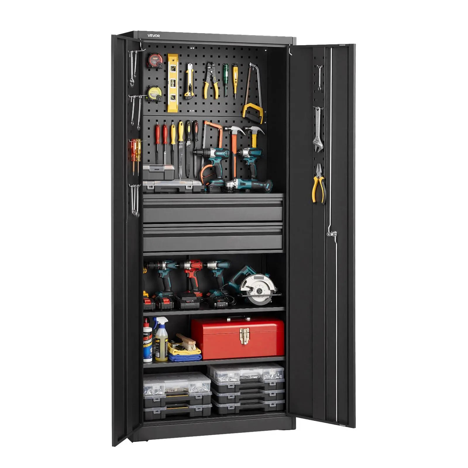 【summerfinds】VEVOR Metal Storage Cabinet, 180 lbs Shelf Load Capacity, 70.87" Tall Garage Tool Storage Cabinet with 2 Locking Doors, Adjustable Shelves, 2 Drawers, Pegboard, for Garage, Home, Office, Utility Room, Adjustable Multi-Compartment Cabinets,