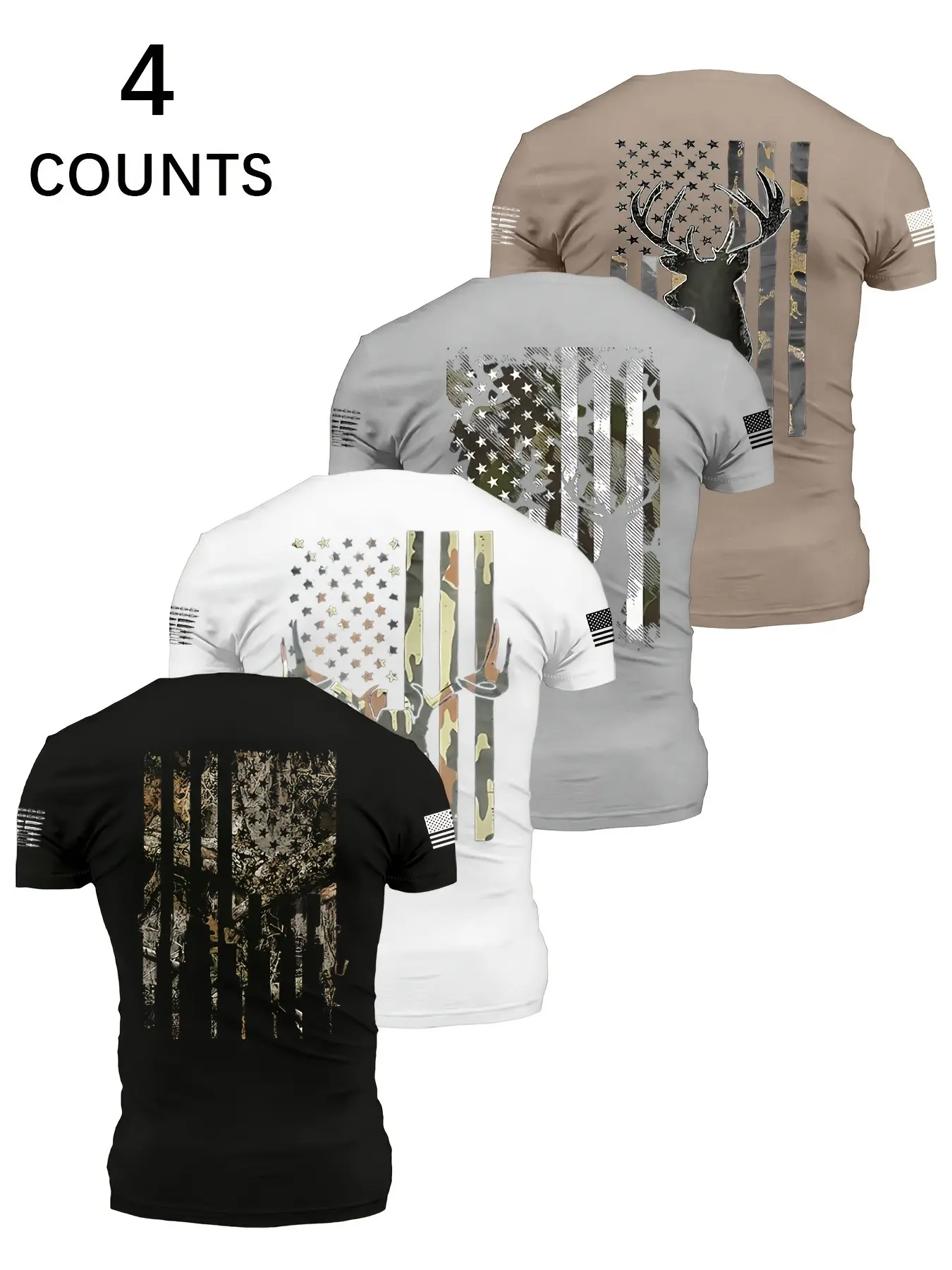 New Summer Men's Camo Deer Head Flag Short Sleeve T-Shirt Set, Fashion Streetwear, Soft Breathable Comfort, Outdoor Casual Wear, Multiple Colors Available