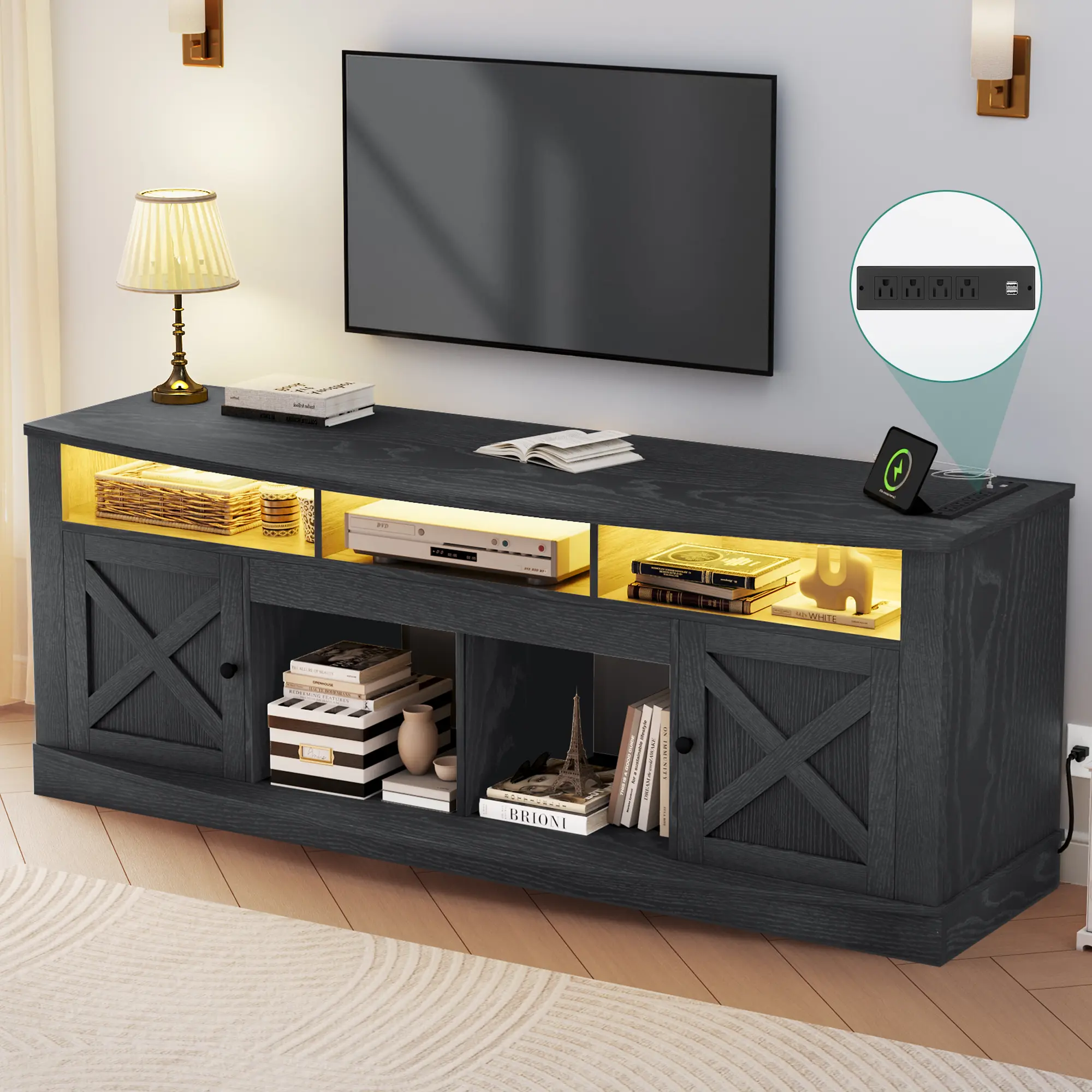 Yitahome Farmhouse TV Stand for TVS up to 80 Inch, Entertainment Center with Power Outlet, TV Table with Barn Doors & Storage Cabinets, TV Console for Living Room, 70"