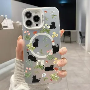 Black Cat Garden Pattern Magnetic Phone Case for iPhone 17 Pro Max Plus Air/16 15 14 Pro Max 13 12 11 XR XS Plus Shockproof Drop Protection Durable PC Smartphone Cover Cellphone Protective Smartphone Casing
