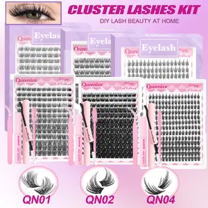 QUEENICE DIY Lash Clusters Kit-Soft Fluffy Long-Lasting DIY Volume Eyelashes with Eyelash Extension Glue, Remover & Tweezer for Beginners Easy at Home Application-Eyelash Set