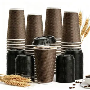50Sets 16 oz Coffee Cups, Disposable Insulated Ripple Cups, Double-Walled with Lids, Brown Geometric, Heat Resistant, Food Safe, Modern Design