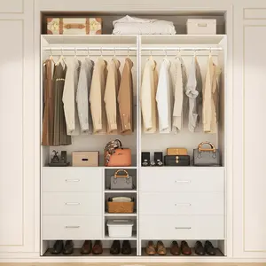 Cyclysio 53'' W Freestanding Closet System with Wooden Drawers ＆ Hanging Rods, Set of 2, 4.5FT Walk-in Closet Organizer Wardrobe Set with Shelves