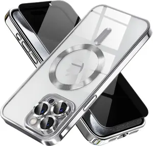Magnetic for iPhone 14 Pro Max Case with Privacy Screen Protector & Full Camera Cover,[Non-Yellowing] Shockproof Clear Phone Case Compatible with MagSafe Women Girls for iPhone 14 ProMax,Silver
