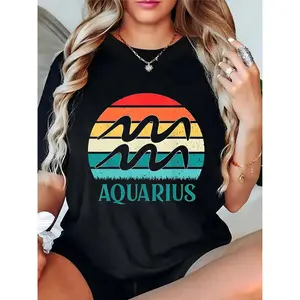 Women’s Retro Sunset Aquarius Zodiac Symbol Graphic T-Shirt, Casual Daily & Zodiac Theme Party Apparel