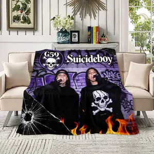 uicideboy G59 Records Iconic Symbol Collage Fleece Blanket - Grey59 Suicideboys Dark Gothic Graffiti Ultra Soft Plush Throw, Underground Rap Merch, Streetwear Aesthetic Home Decor, Cozy Flannel Blanket for $B Fans