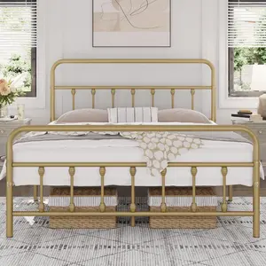 Classic Metal Platform Bed Frame Mattress Foundation with Victorian Style Iron-Art Headboard/Footboard/Under Bed Storage/No Box Spring Needed/Queen Size Antique GoldHome use, modern and simple style