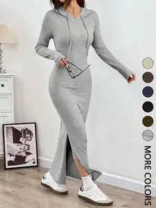 Women's Hooded Slim-Fit Long-Sleeve Dress with Drawstring, Ladies' Casual Fall and Winter Fashion Dress for Daily Wear