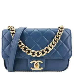 Pre-owned CHANEL Leather Crossbody Bags Studded Straight Lined Flap Small Quilted Caviar Crossbody Bag Blue